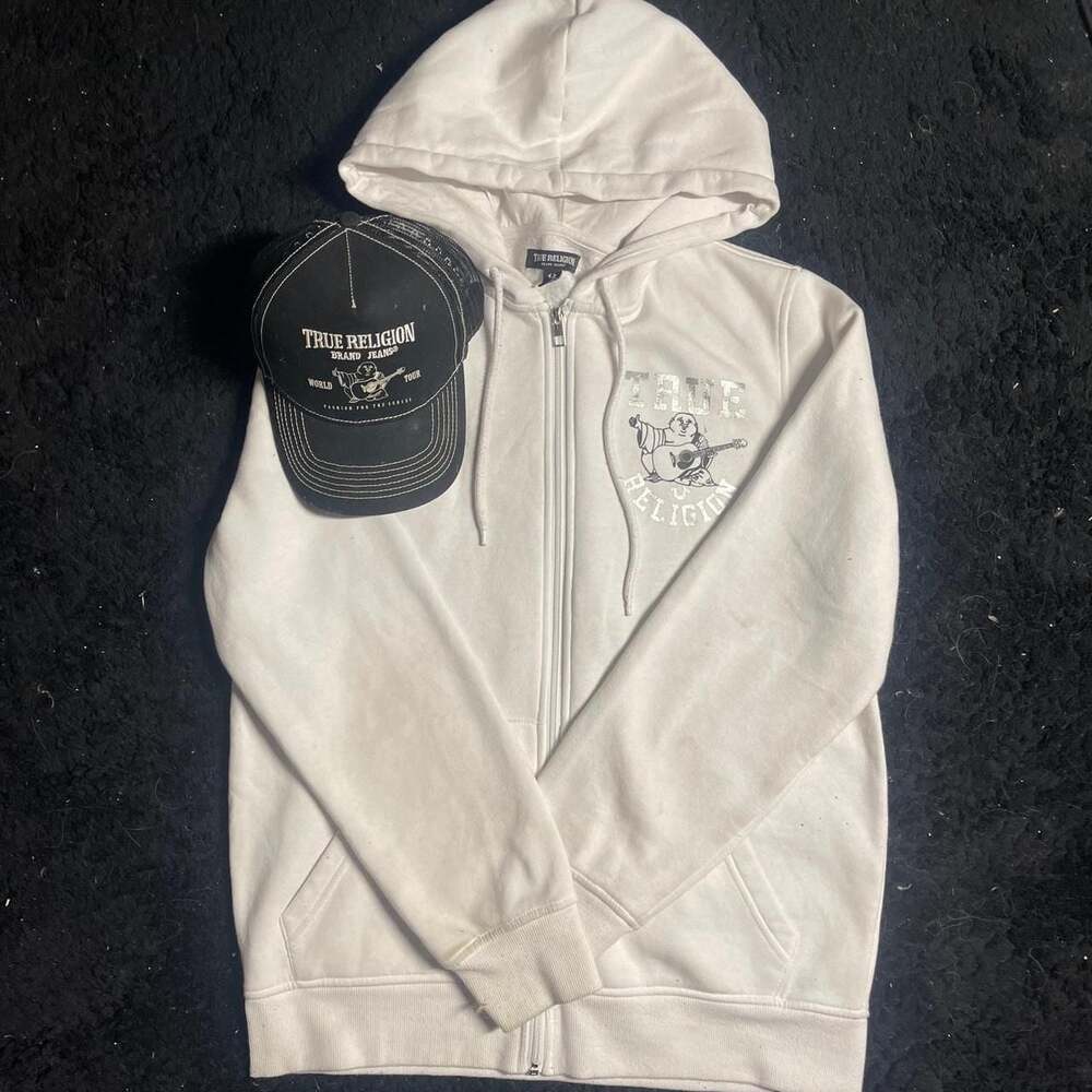True Religion Bundle - White Zip Hoodie & Black Trucker Hat, Size M, Y2K Streetw